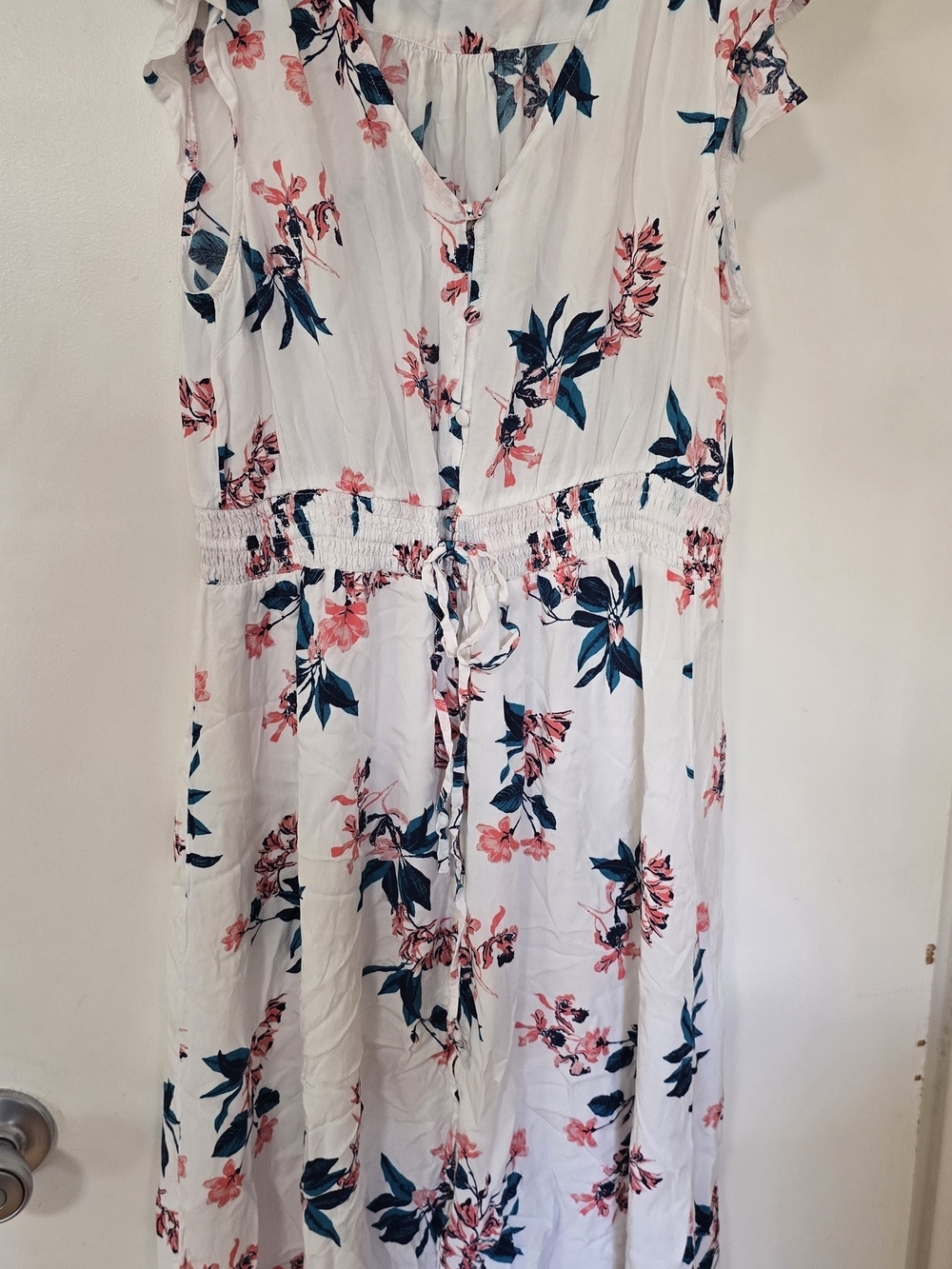 Lucky Brand Floral Midi Dress White Pink Blue Flutter Sleeve Size Large